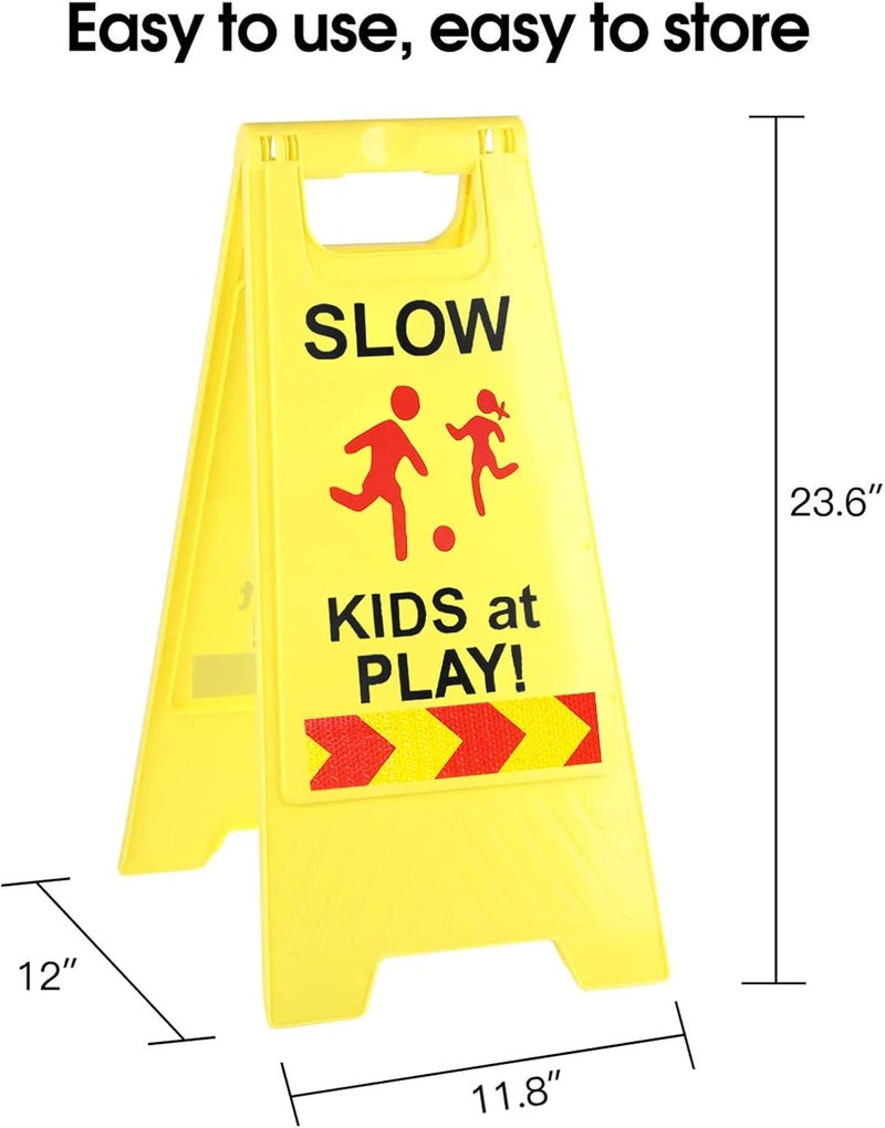 StrLon Slow Kids at Play Signs for Street, Double-Sided Text and Graphics with Reflective Tape, Children at Play Safety Sign for Neighborhoods Schools Park Sidewalk Driveway (2-Pack Yellow) - Image 2